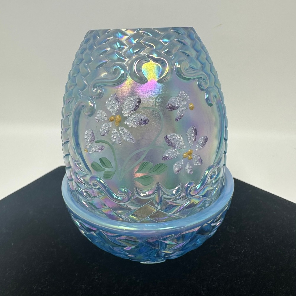 Fenton Fairy Lamp Unisex OS Blue Carnival Glass Hand Painted Floral Basketweave